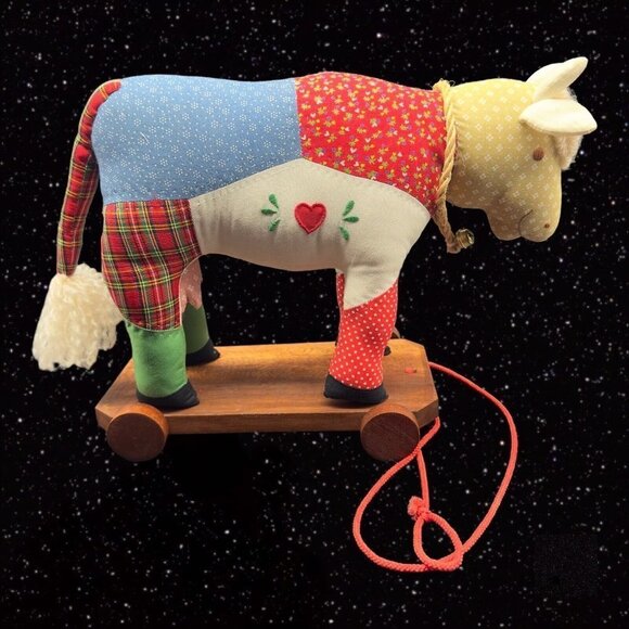 Vintage House of Hatten Pull Cow Figure Polyester And Cotton With Wooden Base - Picture 2 of 15